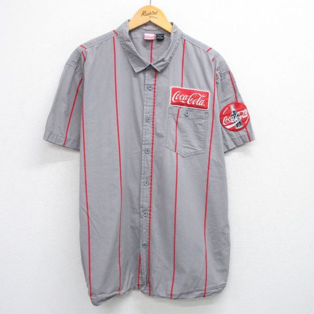 XL★古着 半袖 ワーク シャツ メンズ コカコーラ 大きいサイズ コットン グレー他 ストライプ 【spe】 25jun17 中古 トップス