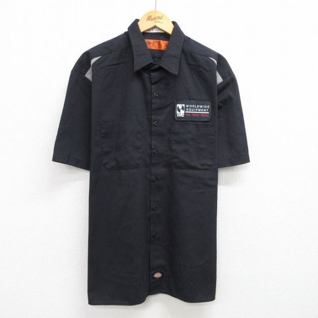 XL★古着 ディッキーズ Dickies 半袖 ワーク シャツ メンズ ワッペン 大きいサイズ ロング丈 黒他 ブラック 25jun17 中古 トップス
