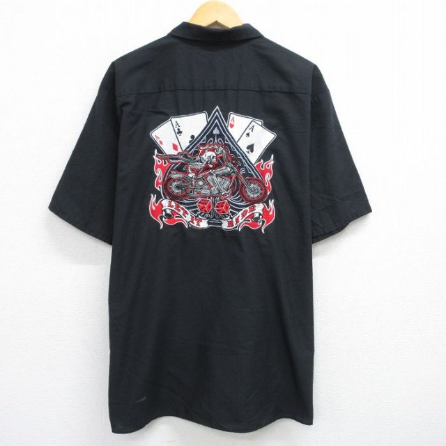 XL★古着 レッドキャップ 半袖 ワーク シャツ メンズ 00年代 00s バイク スケルトン トランプ 大きいサイズ ロング丈 黒 ブラック 25jun19 中古 トップス