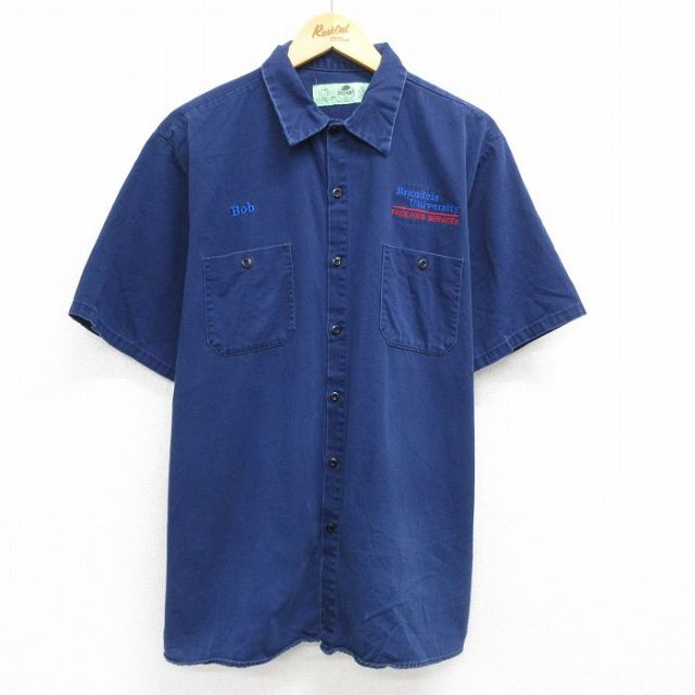XL★古着 レッドキャップ 半袖 ワーク シャツ メンズ 00年代 00s ブランダイス 大学 大きいサイズ ロング丈 紺 ネイビー 25jun19 中古 トップス