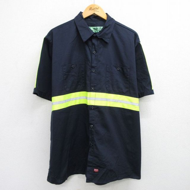 【50%OFF】XL★古着 レッドキャップ 半袖 ワーク シャツ メンズ リフレクター 大きいサイズ ロング丈 コットン 紺系他 ネイビー 25jun19 中古 トップス