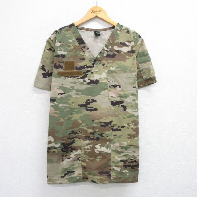 L★古着 半袖 ミリタリー トップス メンズ マルチカムカモ Vネック USA製 緑他 グリーン 迷彩 25jun26 中古