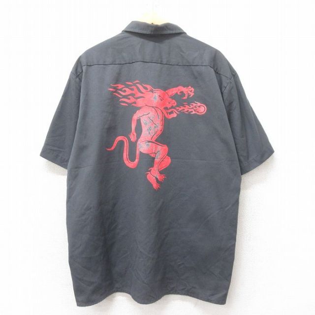 XL★古着 ディッキーズ Dickies 半袖 ワーク シャツ メンズ ファイヤーボール ウイスキー 酒 大きいサイズ 濃グレー 25jun27 中古 トップス