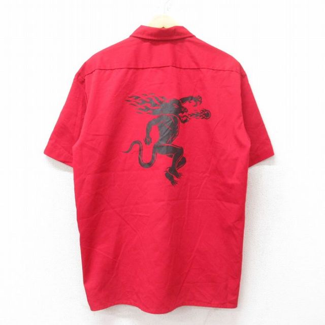 XL★古着 ディッキーズ Dickies 半袖 ワーク シャツ メンズ ファイヤーボール ウイスキー 酒 赤 レッド 25jun27 中古 トップス