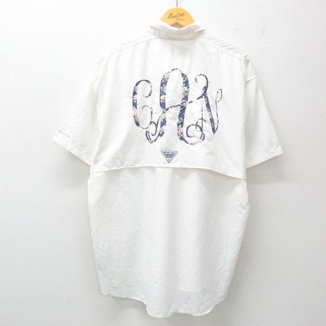 XL★古着 コロンビア COLUMBIA 半袖 フィッシング シャツ メンズ PFG CAN 花 大きいサイズ ボタンダウン 白 ホワイト 内側メッシュ 25jul04 中古 トップス