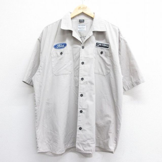XL★古着 半袖 ワーク シャツ メンズ フォード Ford 大きいサイズ 開襟 オープンカラー 薄グレー 25jul07 中古 トップス