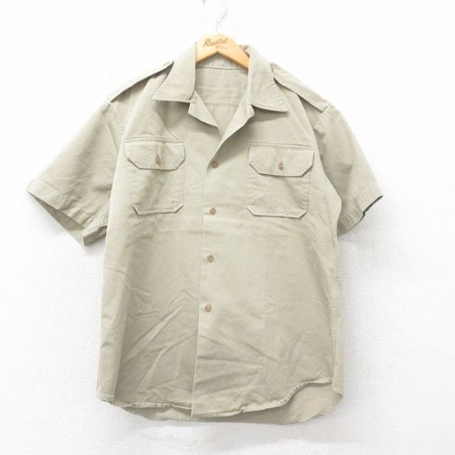 L★古着 半袖 ビンテージ ミリタリー シャツ メンズ50年代 50s コットン 開襟 オープンカラー ベージュ カーキ 25jul07 中古 メンズ トップス