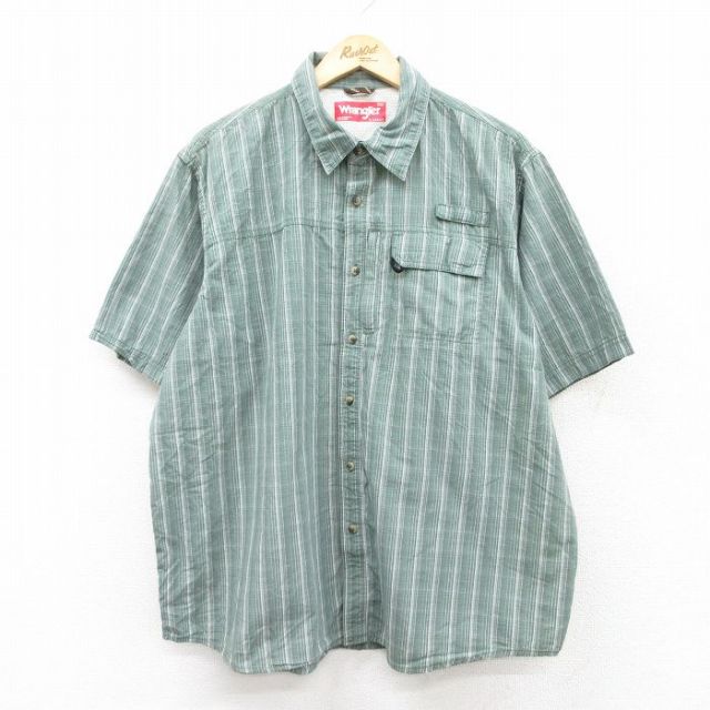 XL★古着 ラングラー Wrangler 半袖 フィッシング シャツ メンズ 大きいサイズ コットン 緑他 グリーン チェック 内側メッシュ 25aug05 中古 トップス