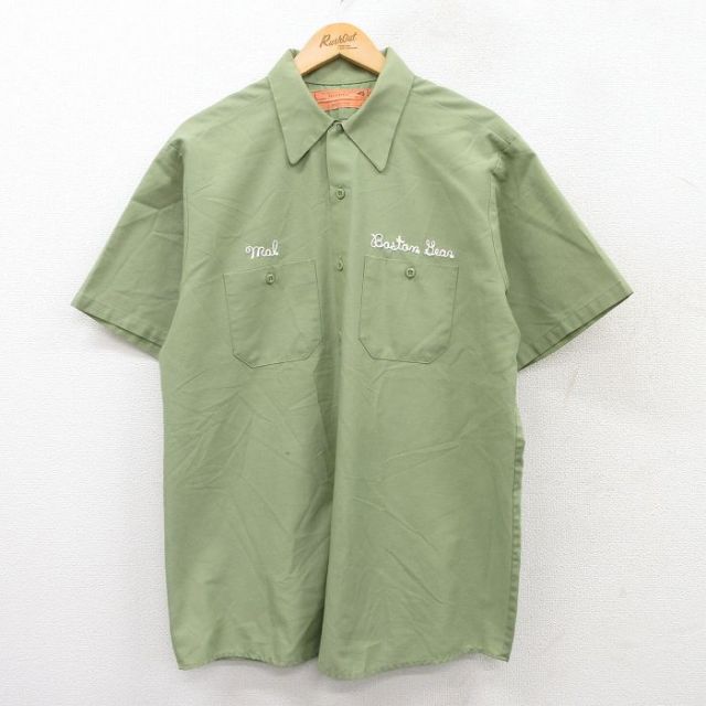 XL★古着 レッドキャップ 半袖 ワーク シャツ メンズ 80年代 80s チェーンステッチ刺? ロング丈 濃緑系 グリーン 25aug05 中古 トップス
