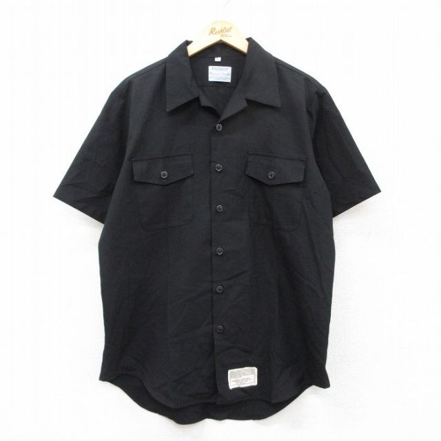 L★古着 半袖 ミリタリー シャツ メンズ ロング丈 開襟 オープンカラー USA製 黒 ブラック 25aug05 中古 トップス