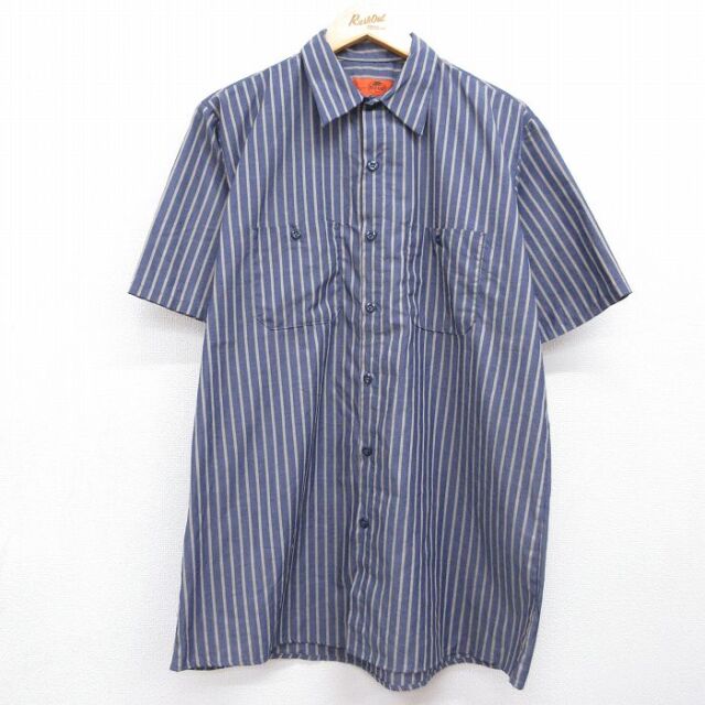 XL★古着 レッドヘッド 半袖 ワーク シャツ メンズ 00年代 00s ネイビー ストライプ 26jul04
