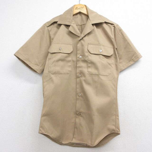 S★古着 半袖 ミリタリー シャツ メンズ 70年代 70s 開襟 オープンカラー USA製 ベージュ 26jul10