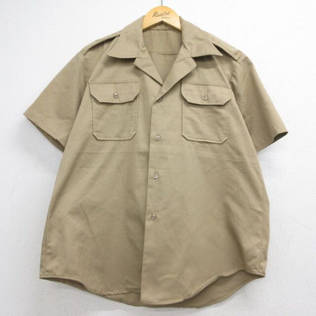 L★古着 半袖 ミリタリー シャツ メンズ 70年代 70s コットン 開襟 オープンカラー USA製 ベージュ 26jul10