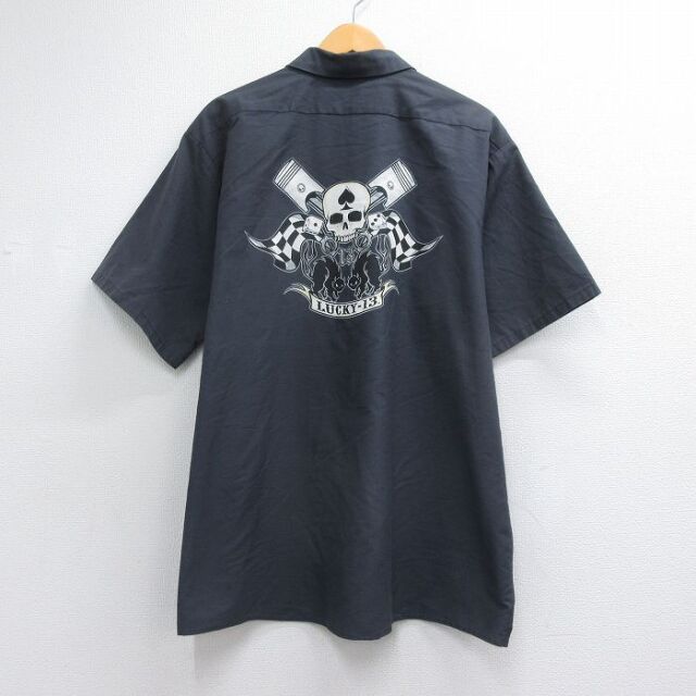 レッドキャップ 90s 半袖ワークシャツ LUCKY13スカル グレー メンズXL相当 | 古着