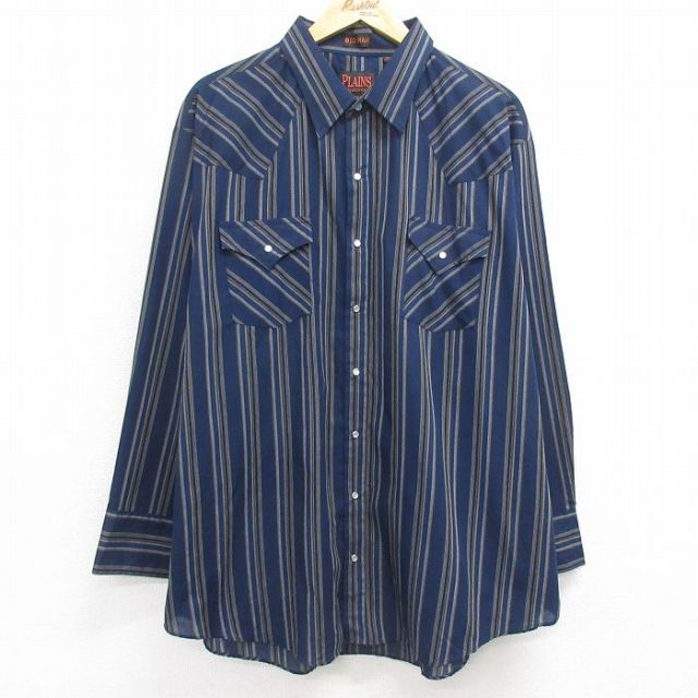 【20%OFF】XL★古着 長袖 ウエスタン シャツ メンズ 00年代 00s 大きいサイズ ロング丈 紺他 ネイビー ストライプ 25jan27 中古 トップス