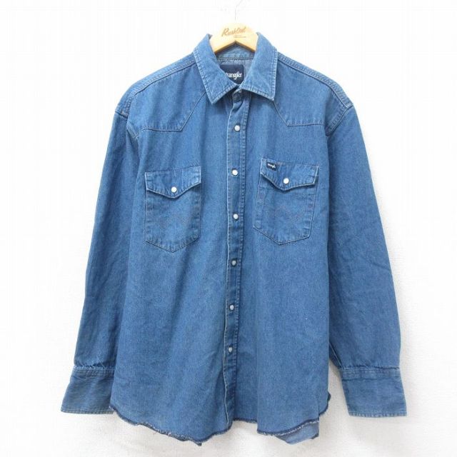 XL★古着 ラングラー Wrangler 長袖 ウエスタン シャツ メンズ 大きいサイズ コットン 薄紺 ネイビー デニム 25feb17 中古 トップス