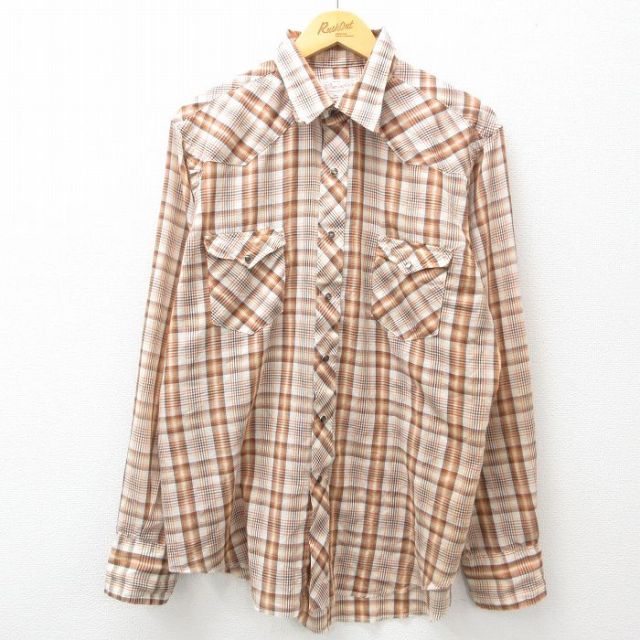 XL★古着 ラングラー Wrangler 長袖 ウエスタン シャツ メンズ 80年代 80s USA製 ベージュ他 カーキ チェック 25feb21 中古 トップス