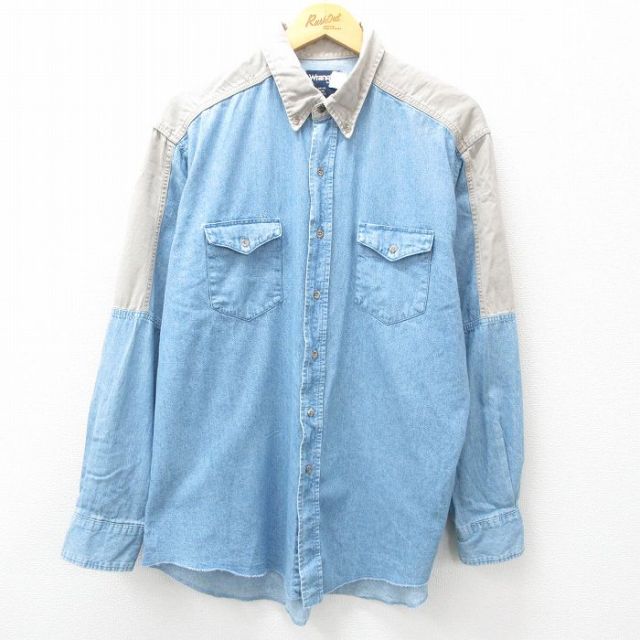 XL★古着 ラングラー Wrangler 長袖 ウエスタン シャツ メンズ 90年代 90s コットン ボタンダウン 紺他 ネイビー 25feb21 中古 トップス