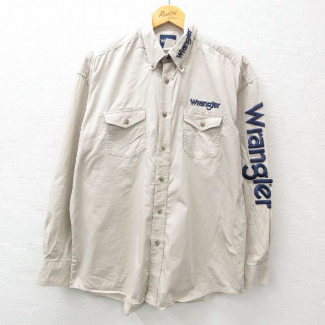 L★古着 ラングラー Wrangler 長袖 ウエスタン シャツ メンズ ビッグロゴ 刺繍 ボタンダウン ベージュ カーキ 25feb21 中古 トップス