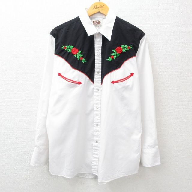 XL★古着 ELY 長袖 ウエスタン シャツ メンズ 90年代 90s バラ 刺繍 白他 ホワイト 25feb21 中古 トップス
