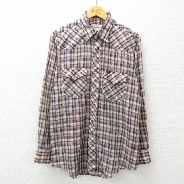 M★古着 リー Lee 長袖 ウエスタン シャツ メンズ 80年代 80s ロング丈 USA製 紺他 ネイビー チェック 25feb21 中古 トップス