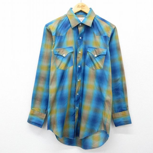 M★古着 ラングラー Wrangler 長袖 ウエスタン シャツ メンズ 80年代 80s USA製 紺他 ネイビー オンブレ チェック 25feb22 中古 トップス