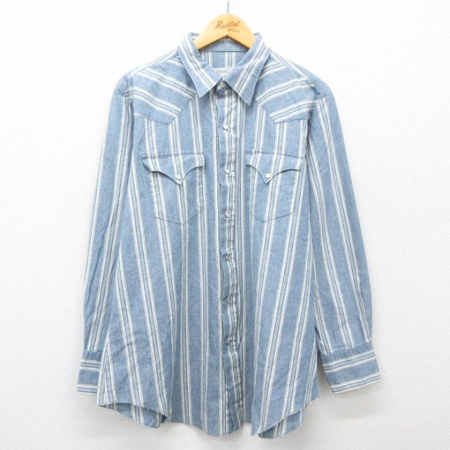 XL★古着 H BAR C 長袖 ウエスタン シャツ メンズ 90年代 90s コットン 薄紺他 ネイビー ストライプ 25feb22 中古 トップス