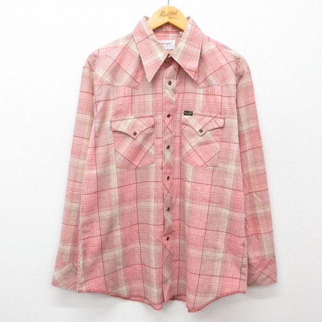 L★古着 ラングラー Wrangler 長袖 ウエスタン シャツ メンズ 80年代 80s USA製 ピンク他 チェック 25feb22 中古 トップス