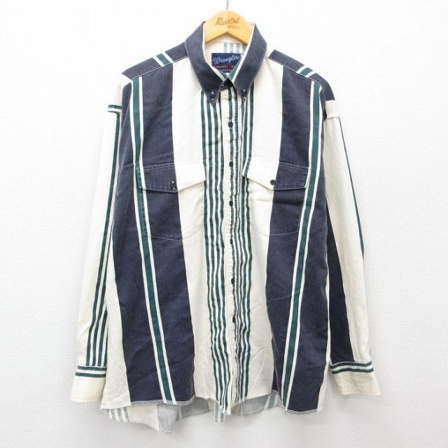 XL★古着 ラングラー Wrangler 長袖 ウエスタン シャツ メンズ 90年代 90s 大きいサイズ コットン ボタンダウン 濃紺他 ネイビー ストライプ 25feb22 中古 トップス