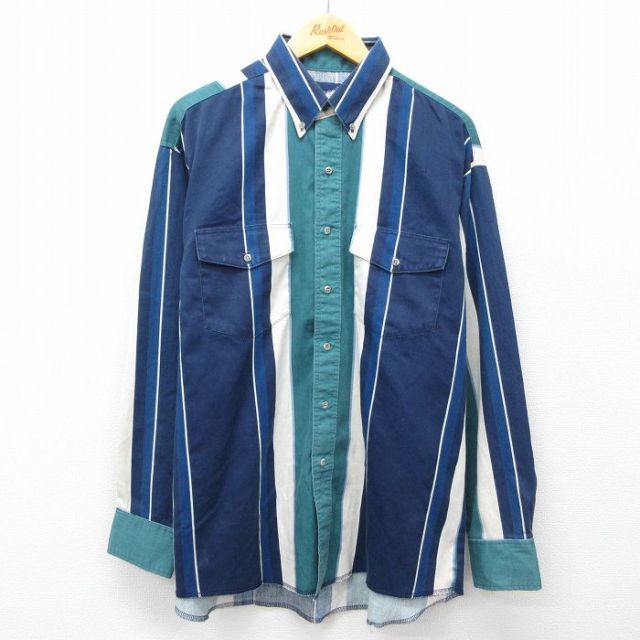 XL★古着 ラングラー Wrangler 長袖 ウエスタン シャツ メンズ 90年代 90s 大きいサイズ コットン 濃紺他 ネイビー ストライプ 25feb22 中古 トップス