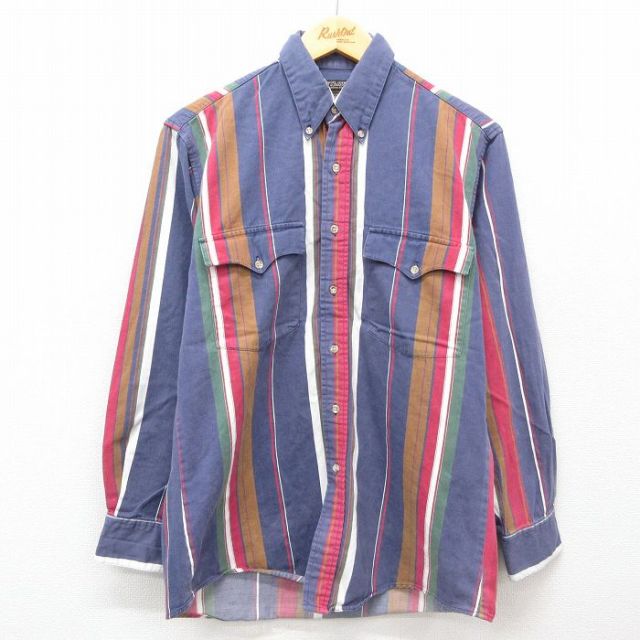 M★古着 長袖 ウエスタン シャツ メンズ 90年代 90s 紺他 ネイビー ストライプ 25feb22 中古 トップス