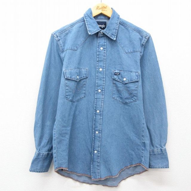 M★古着 ラングラー Wrangler 長袖 ウエスタン シャツ メンズ コットン 紺 ネイビー デニム 25feb22 中古 トップス