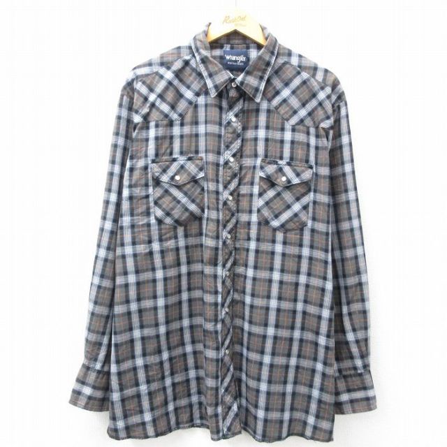 XL★古着 ラングラー Wrangler 長袖 ウエスタン シャツ メンズ 大きいサイズ ロング丈 グレー他 チェック 25mar03 中古 トップス