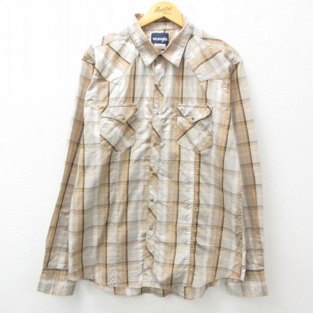 XL★古着 ラングラー Wrangler 長袖 ウエスタン シャツ メンズ ベージュ他 カーキ チェック 25mar03 中古 トップス