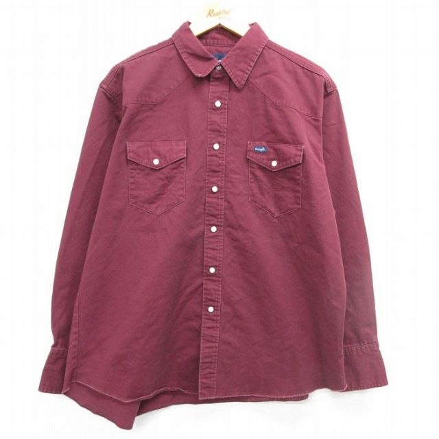 XL★古着 ラングラー Wrangler 長袖 ウエスタン シャツ メンズ 大きいサイズ コットン エンジ 25mar08 中古 トップス