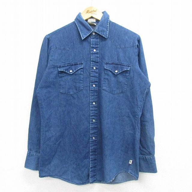 M★古着 リー Lee 長袖 ウエスタン シャツ メンズ 80年代 80s コットン 紺 ネイビー デニム 【spe】 25mar08 中古 トップス