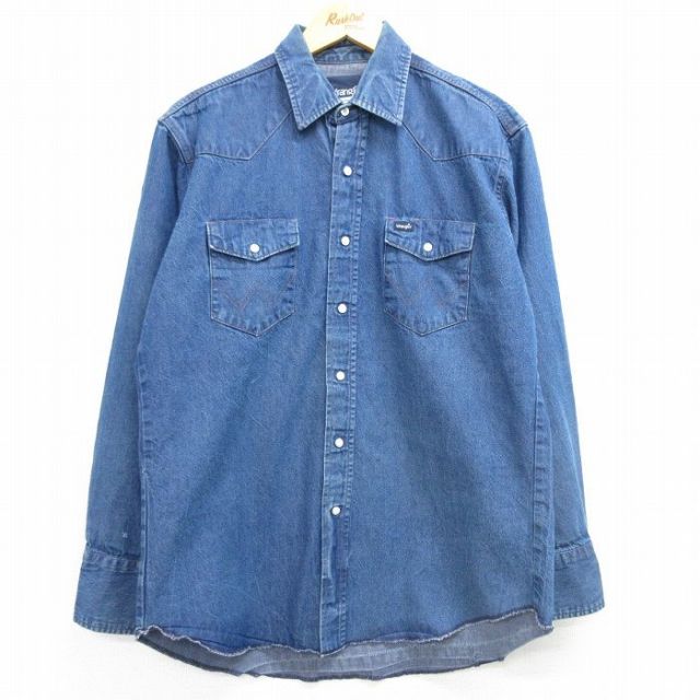 L★古着 ラングラー Wrangler 長袖 ウエスタン シャツ メンズ コットン 紺 ネイビー デニム 25mar08 中古 トップス