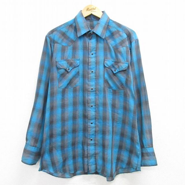 L★古着 長袖 ウエスタン シャツ メンズ 90年代 90s USA製 紺他 ネイビー チェック 25mar08 中古 トップス