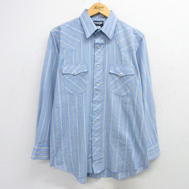 L★古着 ラングラー Wrangler 長袖 ウエスタン シャツ メンズ 90年代 90s 薄紺他 ネイビー ストライプ 25mar08 中古 トップス
