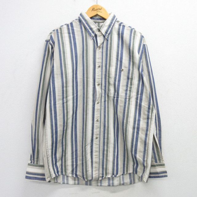 XL★古着 ラングラー Wrangler 長袖 ウエスタン シャツ メンズ 90年代 90s ロング丈 コットン 紺他 ネイビー ストライプ 25mar12 中古 トップス