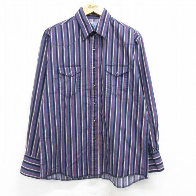 【50%OFF】XL★古着 長袖 ウエスタン シャツ メンズ 00年代 00s コットン 紺他 ネイビー ストライプ 25mar12 中古 トップス