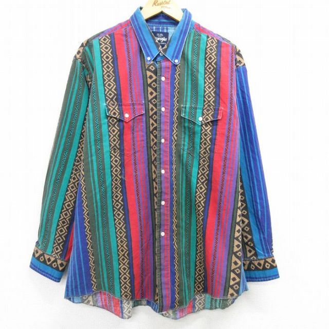 【50%OFF】XL★古着 ラングラー Wrangler 長袖 ウエスタン シャツ メンズ 00年代 00s 大きいサイズ ロング丈 紺他 ネイビー ストライプ 【spe】 25mar12 中古 トップス