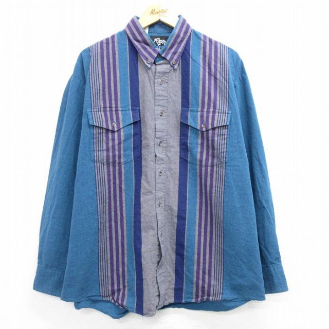 XL★古着 長袖 ウエスタン シャツ メンズ 90年代 90s 大きいサイズ ロング丈 コットン USA製 紺他 ネイビー 25mar12 中古 トップス