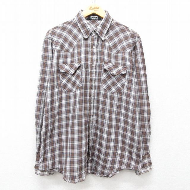 XL★古着 長袖 ウエスタン シャツ メンズ 90年代 90s 茶他 ブラウン チェック 25mar19 中古 トップス