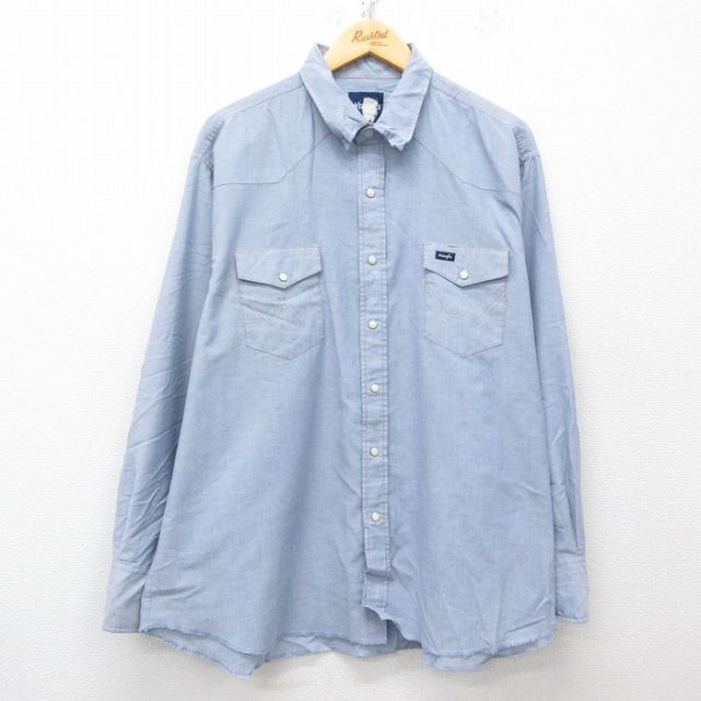 XL★古着 ラングラー Wrangler 長袖 ウエスタン シャツ メンズ 大きいサイズ 薄紺 ネイビー 25mar19 中古 トップス