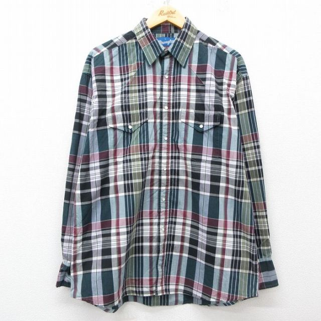 XL★古着 ラングラー Wrangler 長袖 ウエスタン シャツ メンズ 00年代 00s 濃緑他 グリーン チェック 25mar19 中古 トップス