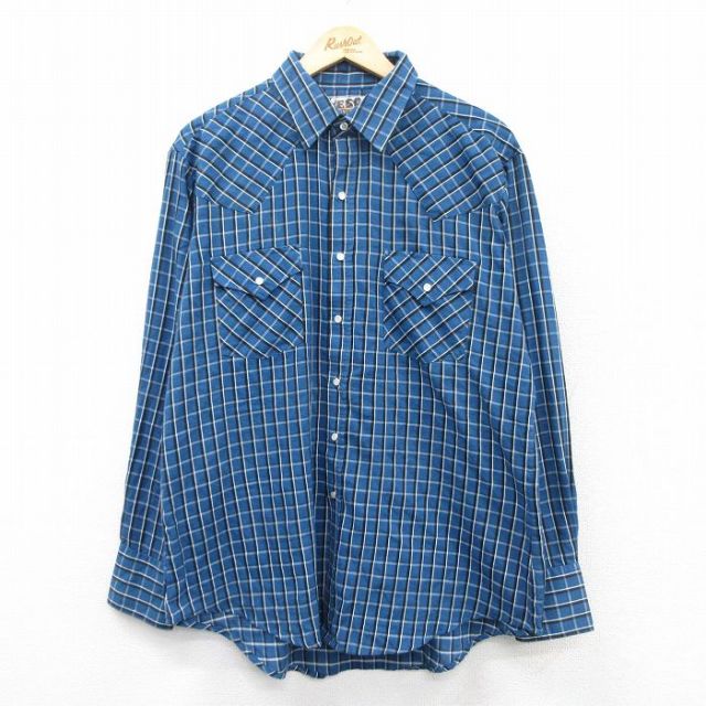 【50%OFF】XL★古着 ELY 長袖 ウエスタン シャツ メンズ 90年代 90s 紺他 ネイビー チェック 25mar19 中古 トップス