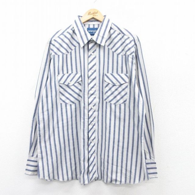 XL★古着 ラングラー Wrangler 長袖 ウエスタン シャツ メンズ 大きいサイズ ロング丈 紺他 ネイビー ストライプ 25mar19 中古 トップス