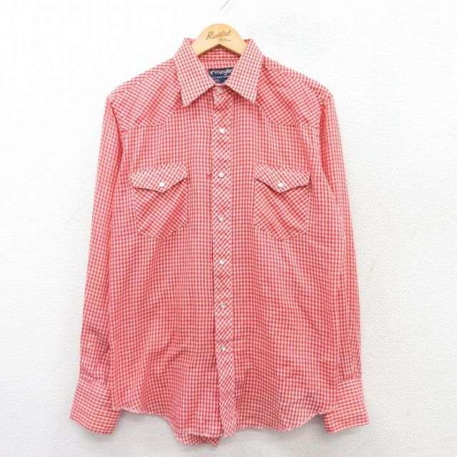 L★古着 ラングラー Wrangler 長袖 ウエスタン シャツ メンズ 80年代 80s USA製 赤他 レッド ギンガム チェック 25mar19 中古 トップス