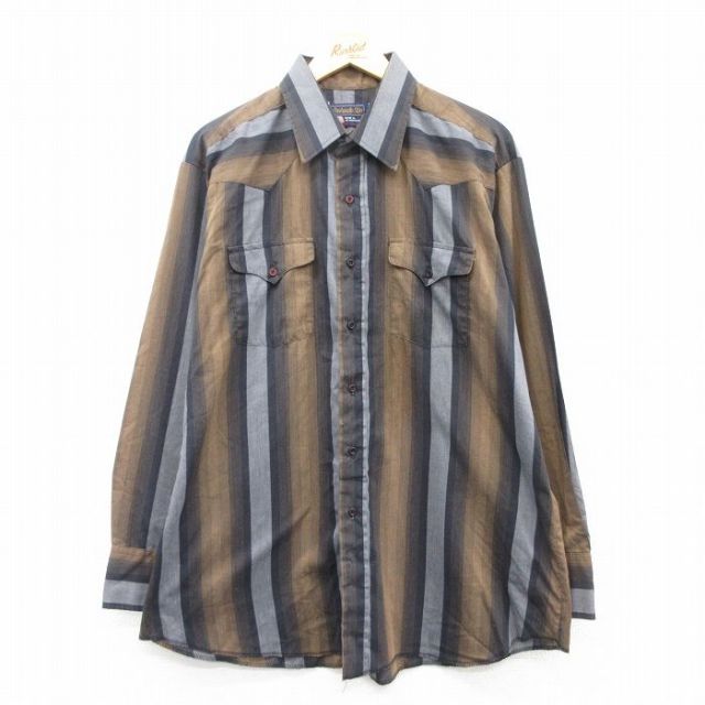 XL★古着 長袖 ウエスタン シャツ メンズ 90年代 90s 大きいサイズ ロング丈 USA製 茶他 ブラウン ストライプ 【spe】 25mar19 中古 トップス